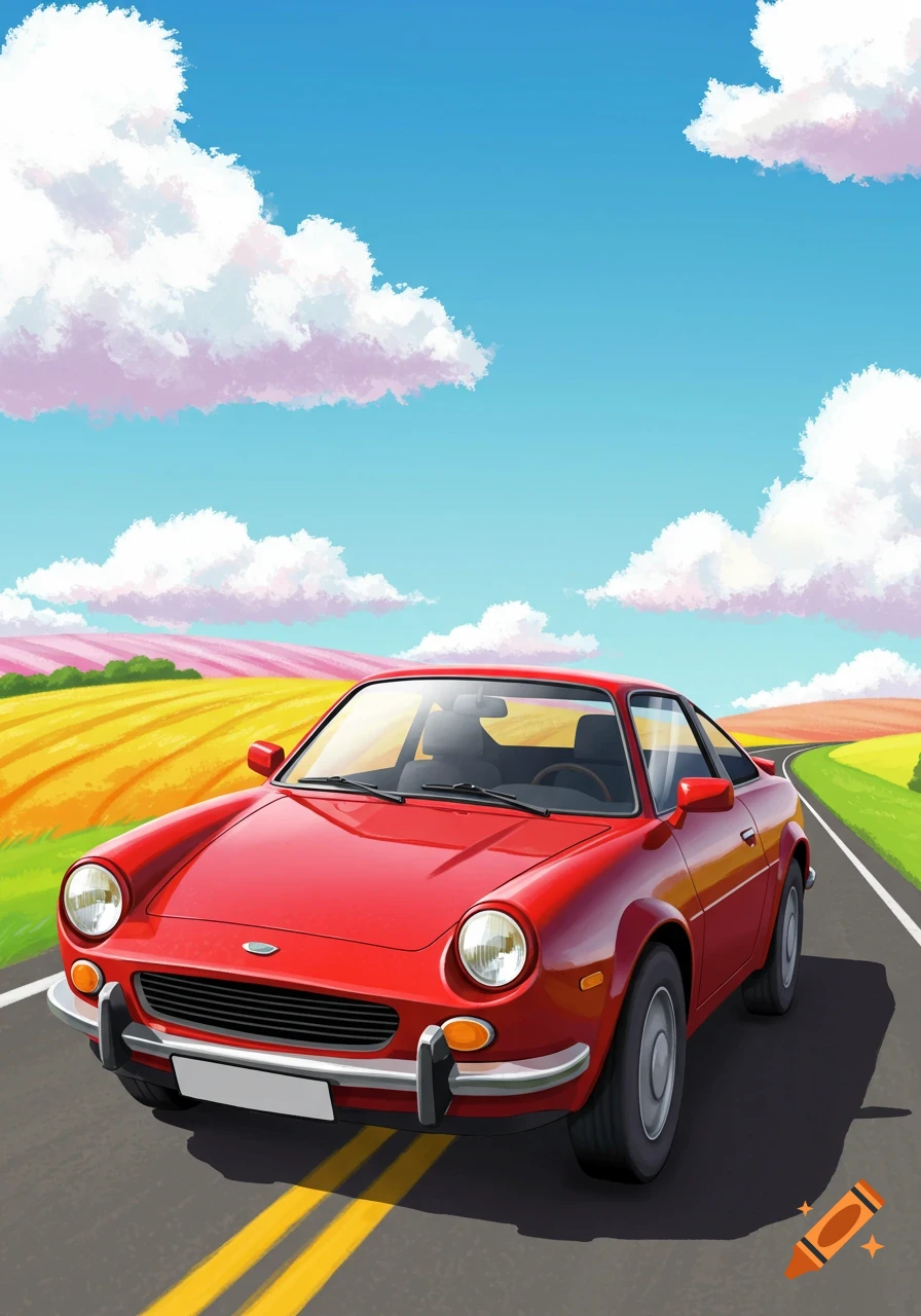 A red sports car driving on a road through colorful fields under a blue sky with clouds.
