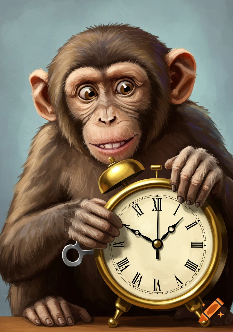A cartoon monkey holding a large gold alarm clock.