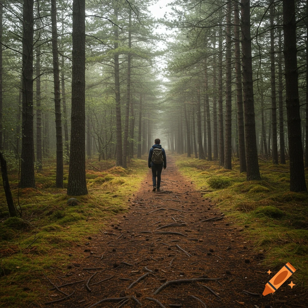 A person walks down a misty forest path.