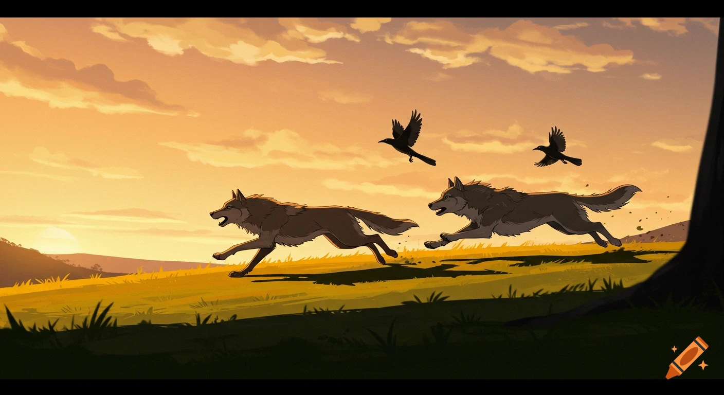 Two stylized wolves run through a grassy field at sunset as two birds fly overhead, 2D animation style.