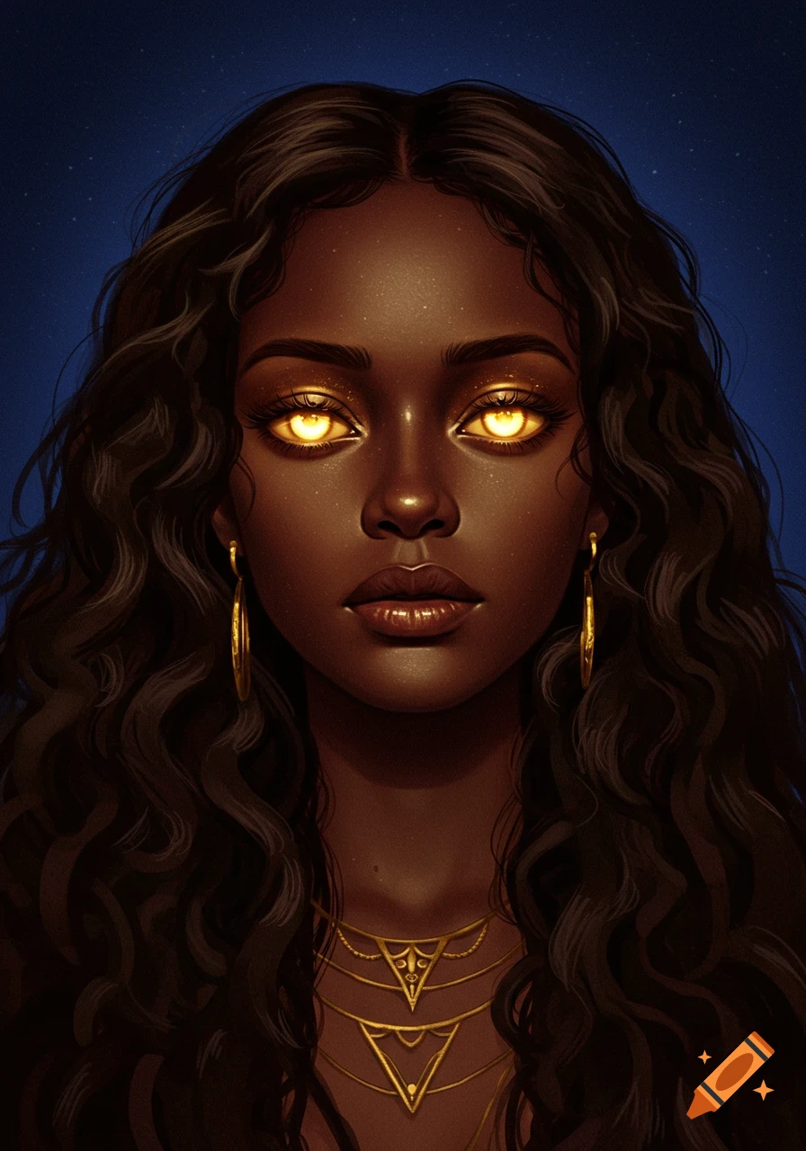 A dark-skinned woman with glowing gold eyes and curly hair