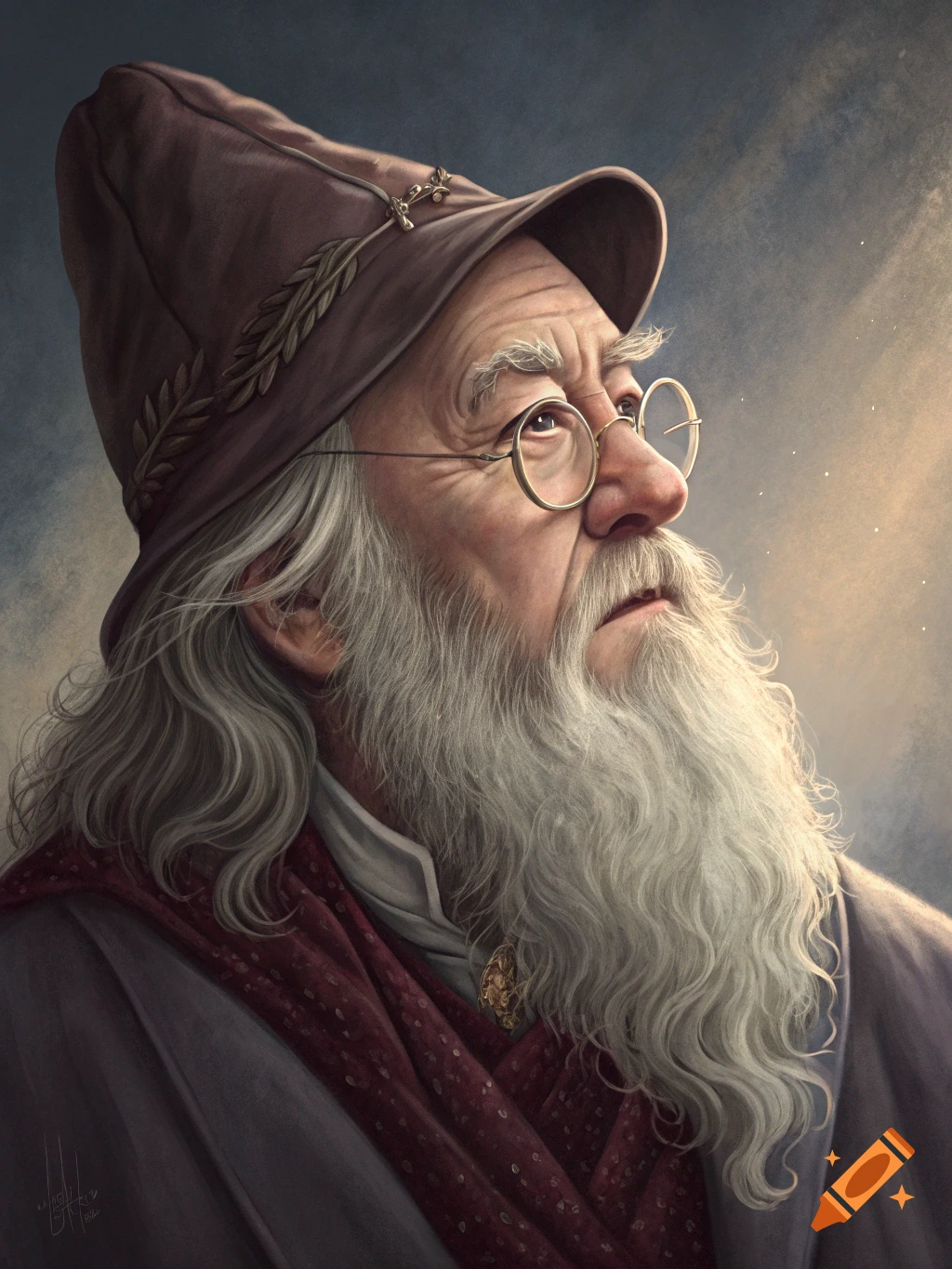 Portrait painting of an old man with a long white beard, glasses, and hat, looking upwards.