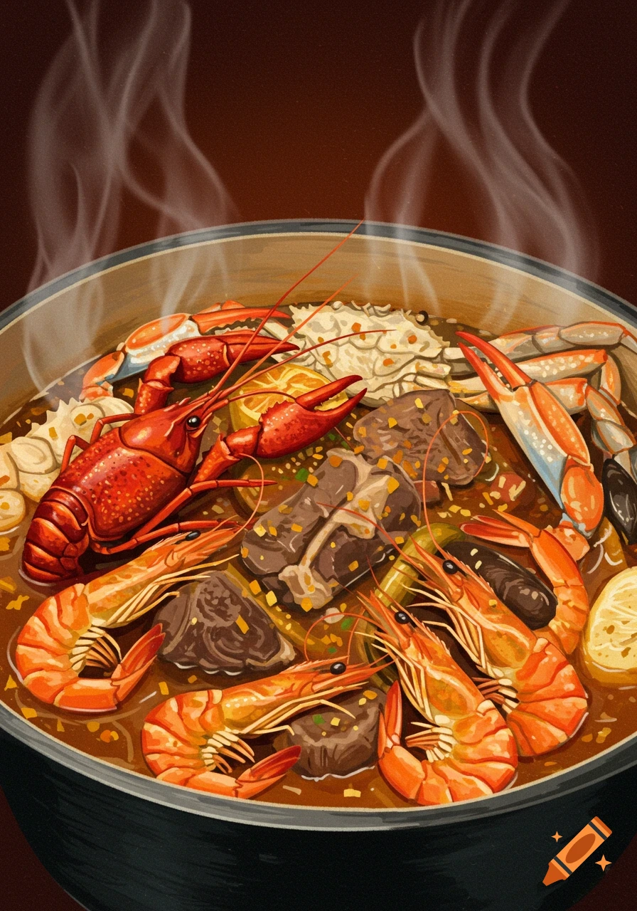 Steaming seafood boil with crawfish, shrimp, crab, and meat in a pot.