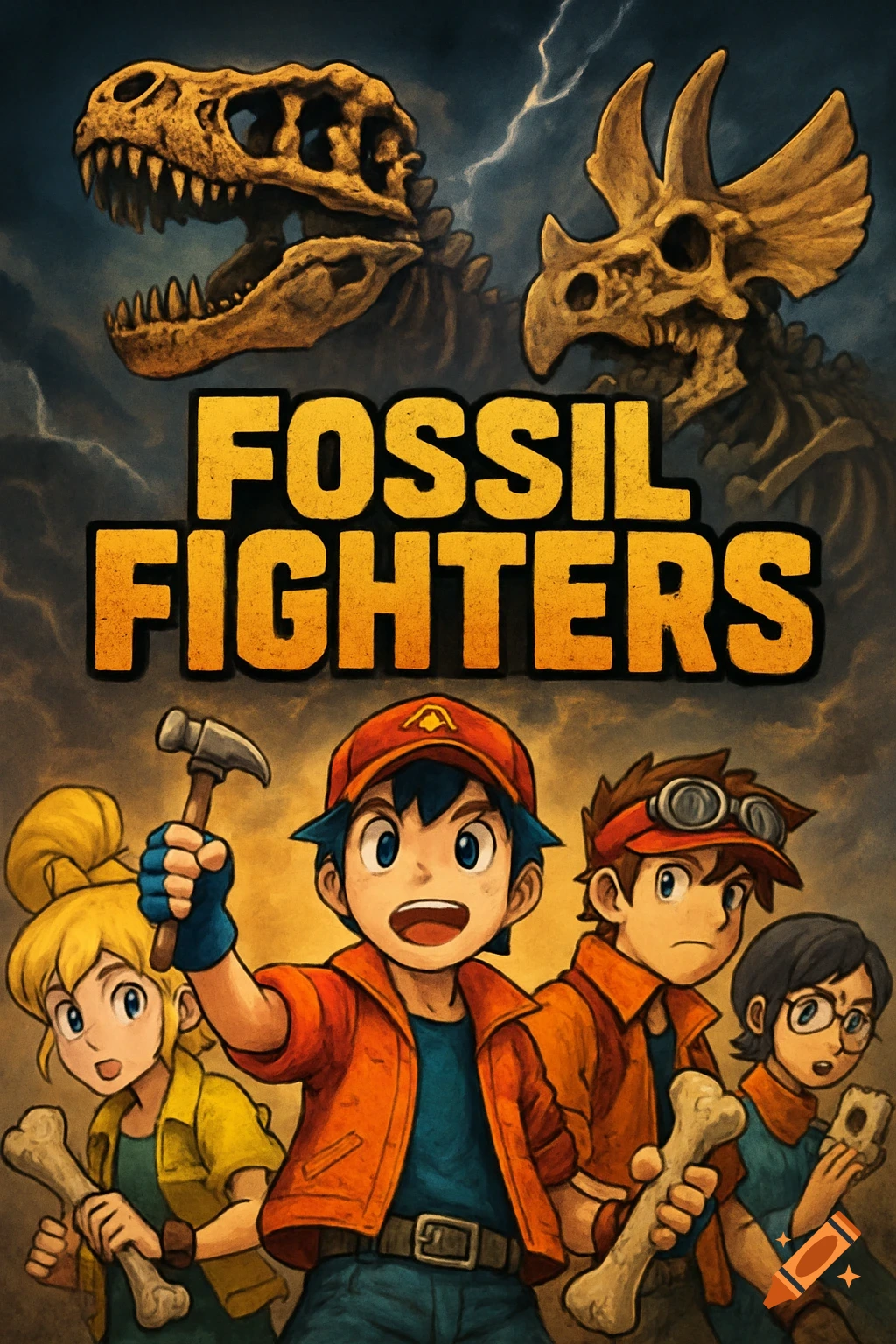 Anime style movie poster for Fossil Fighters with characters holding bones and dinosaur skeletons.