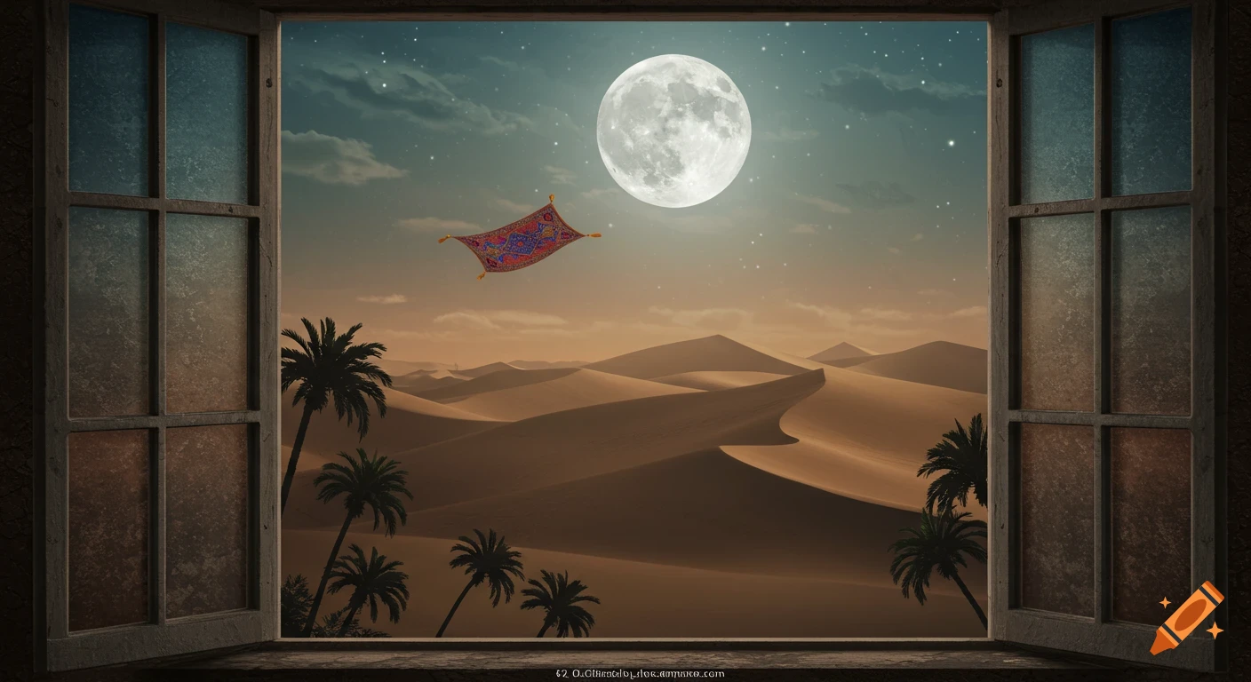 Fantasy desert landscape at night viewed from a window, with a full moon and flying carpet in the sky.