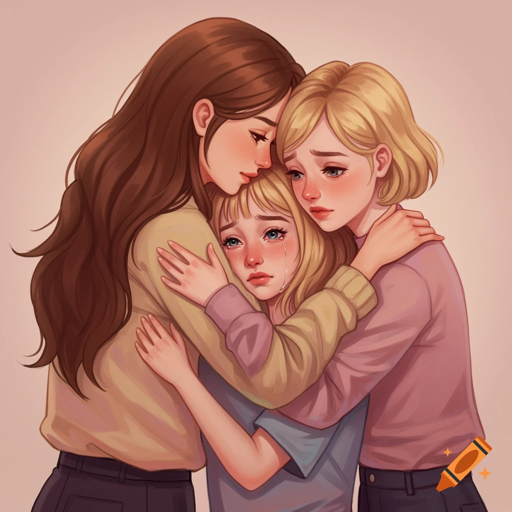 Three girls hugging, two comforting a crying friend.