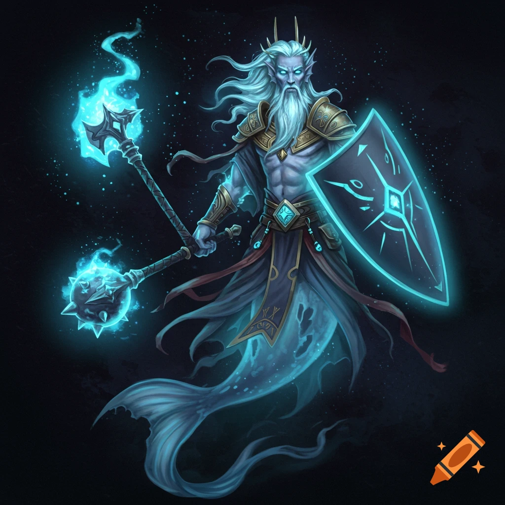 A merman ghost priest holds a glowing blue mace and shield.