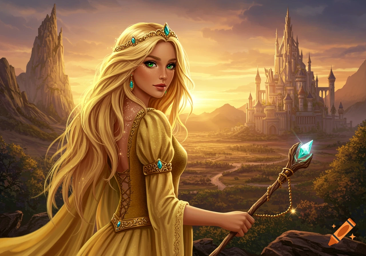 A blonde princess with green eyes is holding a staff in front of a castle at sunset.