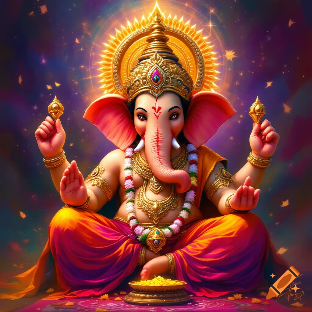 Ganesha seated in blessing pose with offerings and cosmic background.