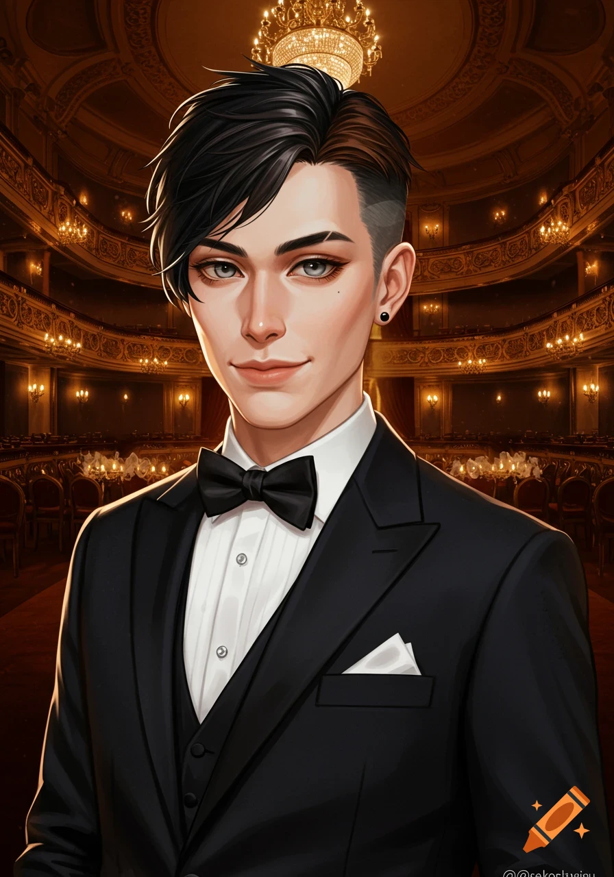 Painting of a person in a tuxedo with dark hair and grey eyes in a theater.