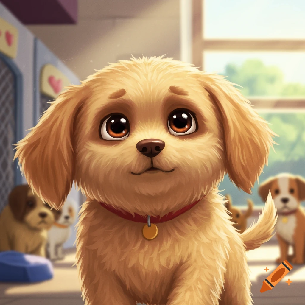 A cute cartoon puppy with big eyes looks up in an animal refuge.