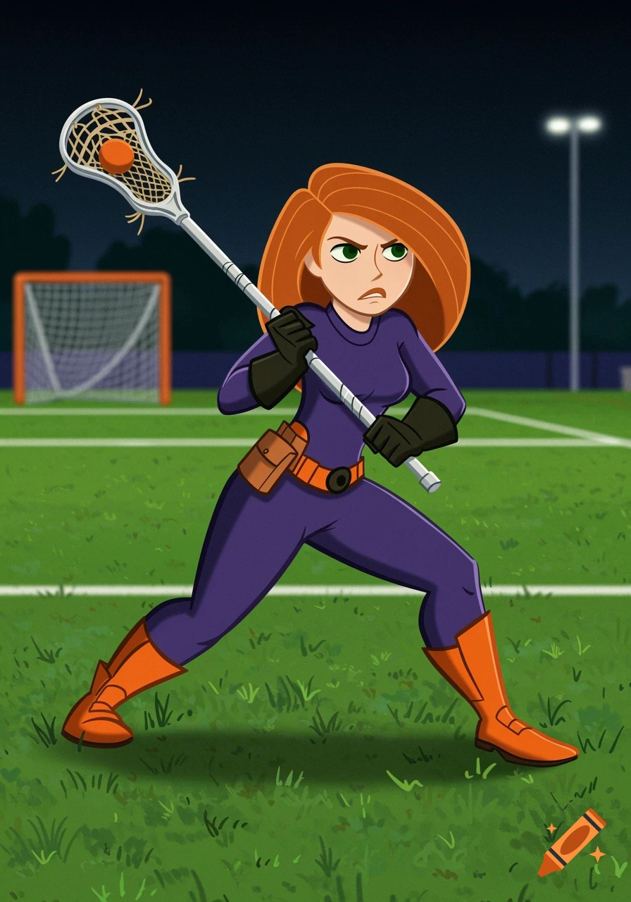 Kim Possible in a purple suit and orange boots holds a lacrosse stick on a field at night in a cartoon style.