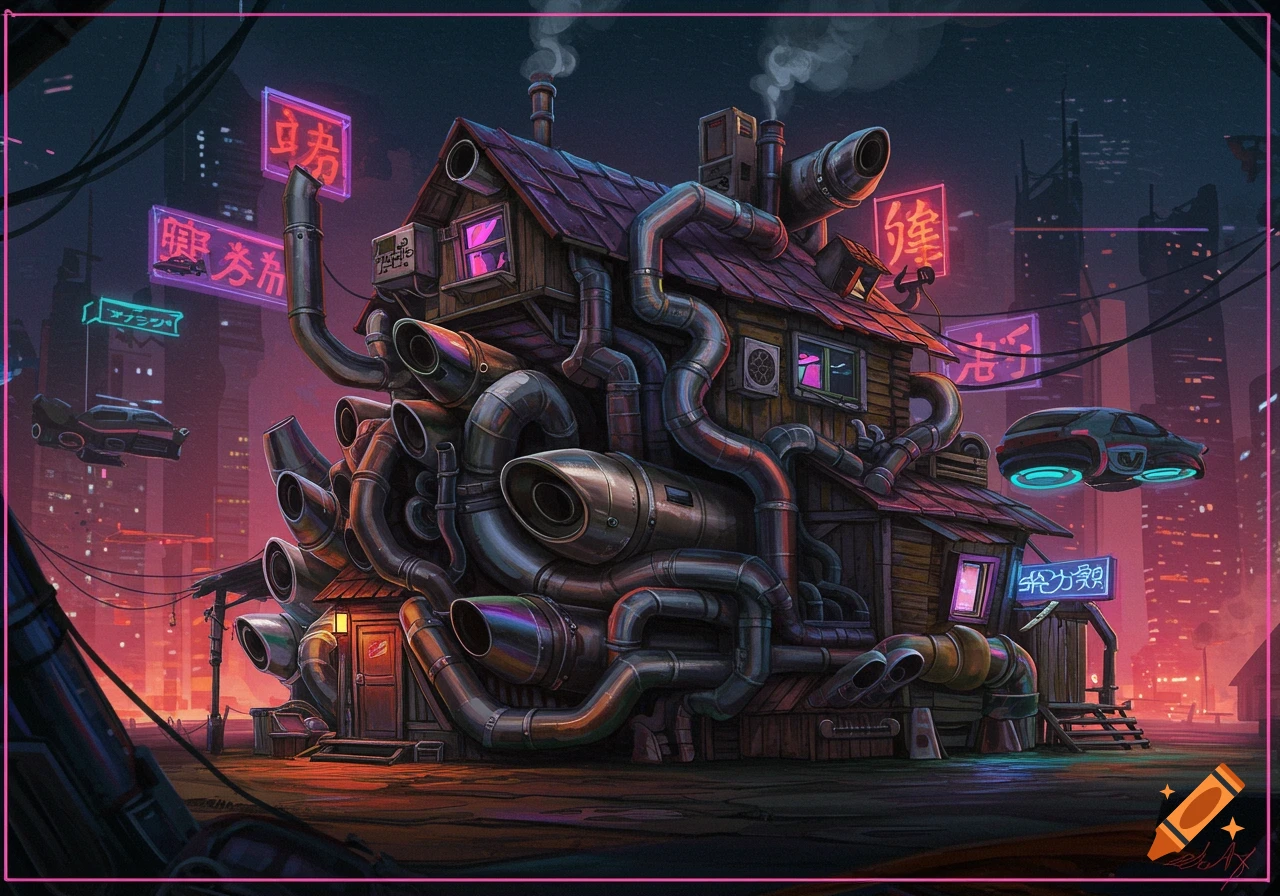 A bizarre house made of exhausts in a cyberpunk city with flying cars and neon signs at dusk.