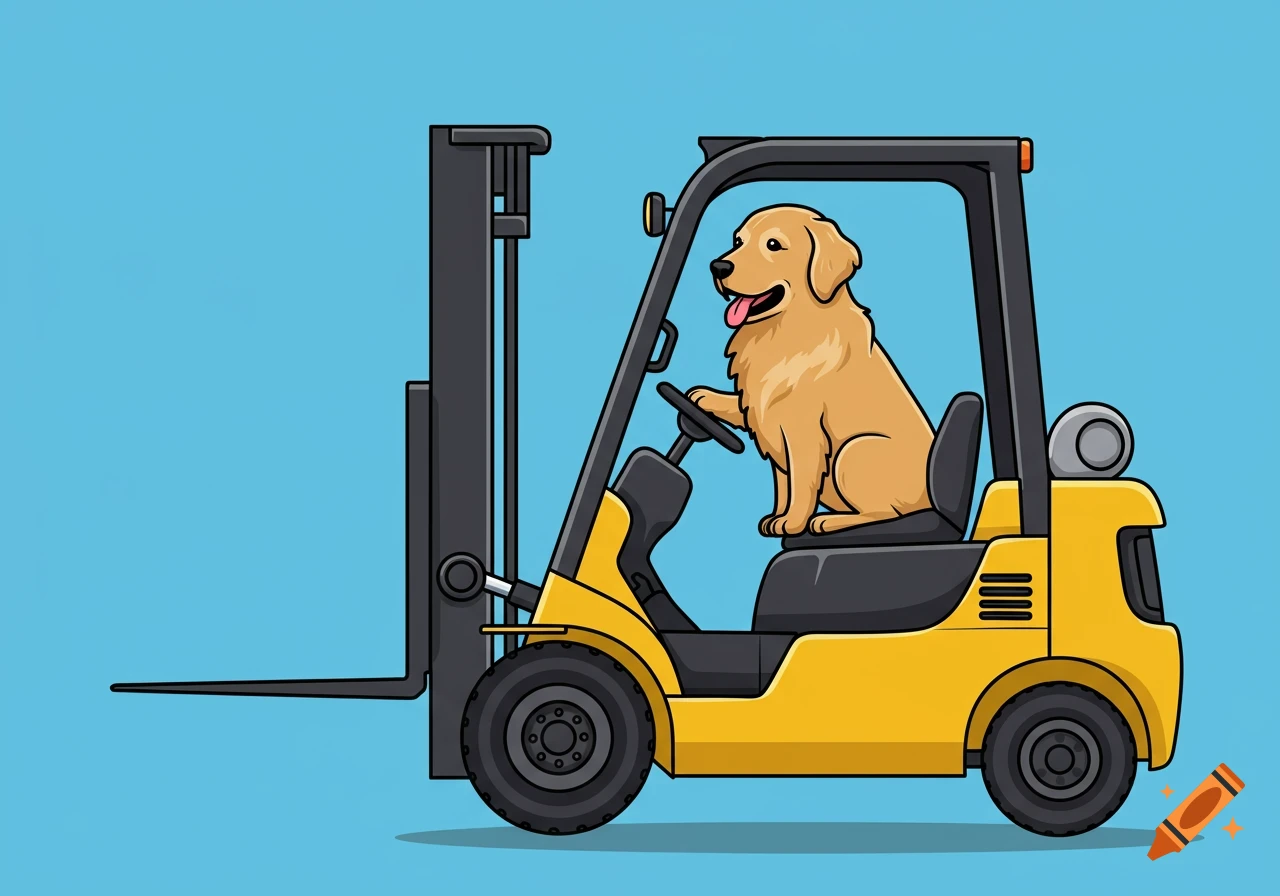 A golden retriever driving a forklift, vector art