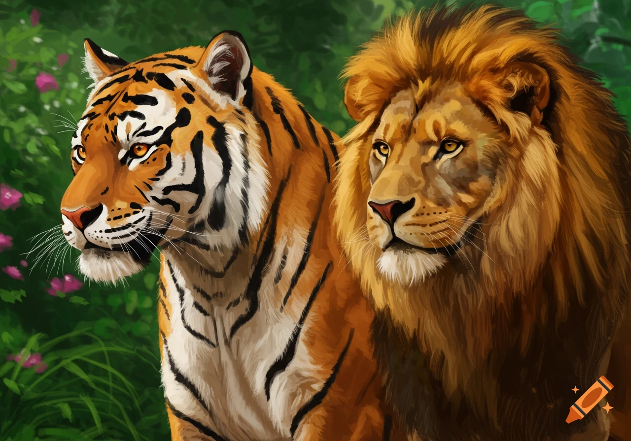 A tiger and lion side-by-side in a forest.