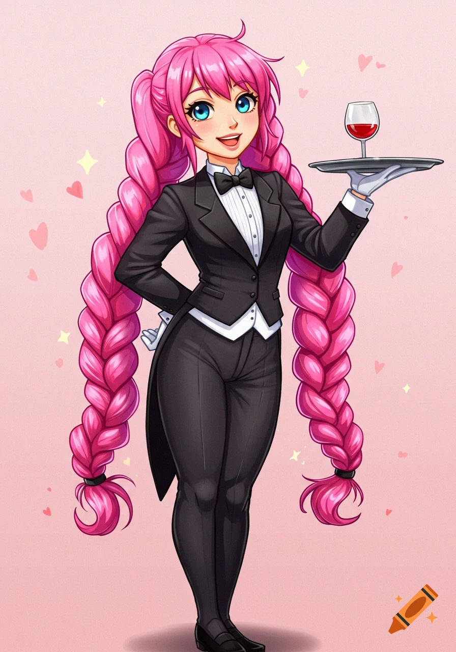 Anime girl with pink braided hair in a tuxedo holding a tray with a glass of wine