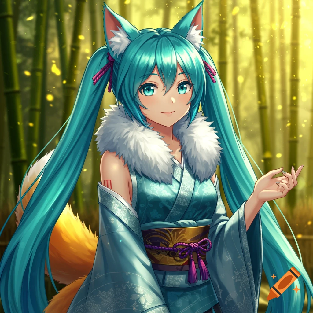Anime character with fox ears and tail in a kimono standing in a bamboo forest.