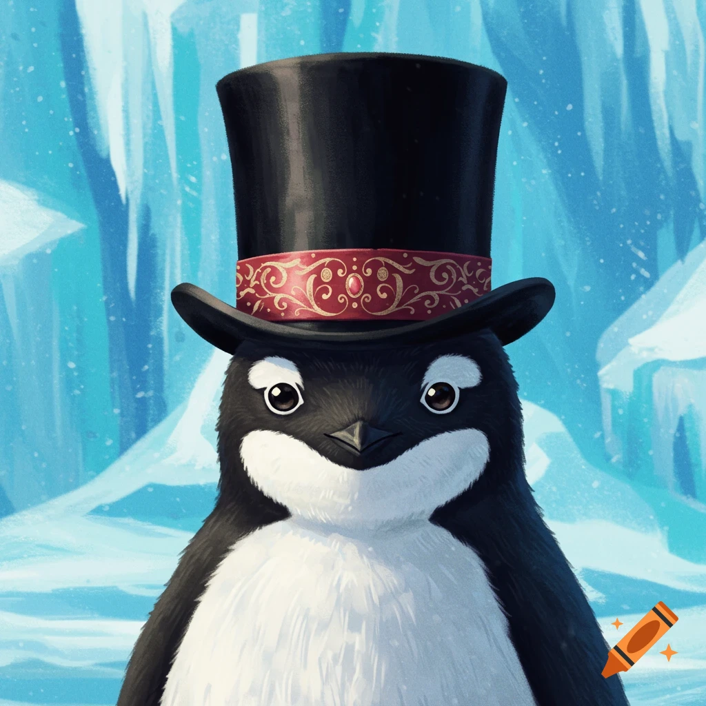 A penguin wearing a top hat is shown against an icy background.