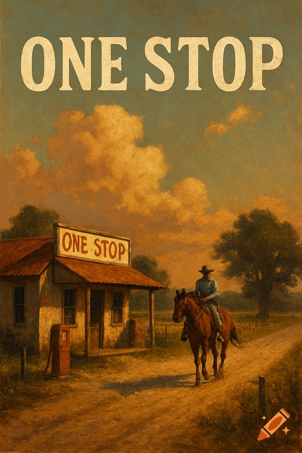 A cowboy on a horse is outside a country store with "ONE STOP" text.