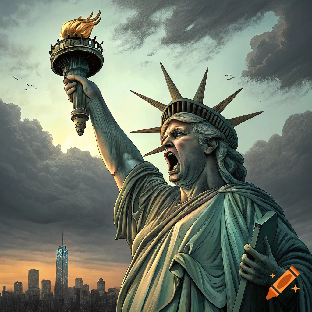 Caricature of Donald Trump as the Statue of Liberty, screaming and holding a torch, with the New York City skyline behind.
