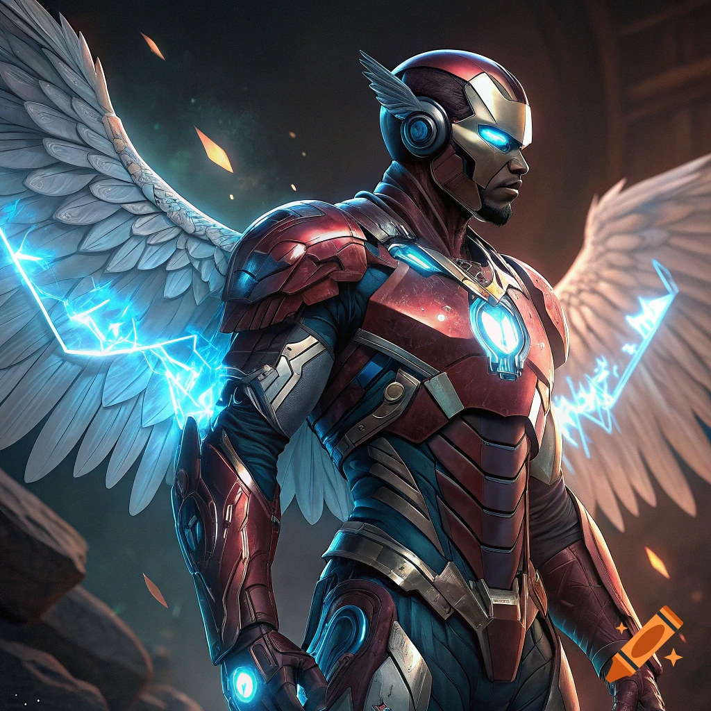 A superhero in red and gold armor with white wings and blue lightning effects, resembling a fusion of Iron Man and Falcon.