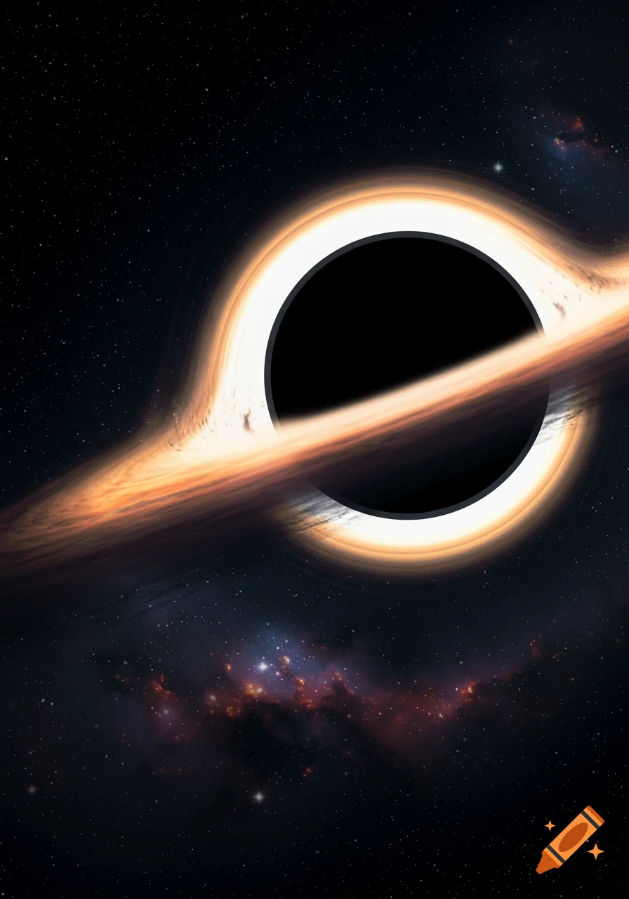 A black hole in space with a bright orange accretion disk and stars.