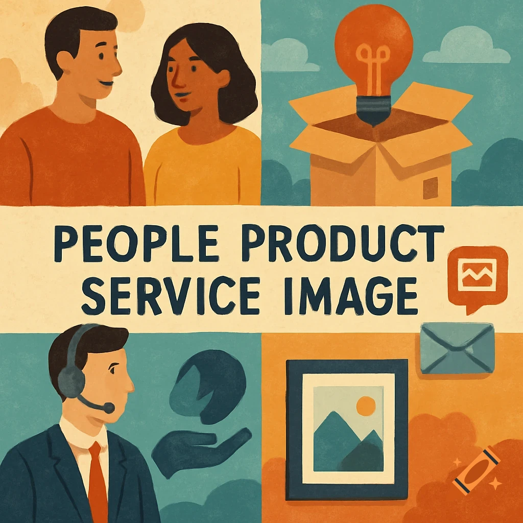 Illustration with panels showing people, an idea lightbulb, communication icons, and text 'PEOPLE PRODUCT SERVICE IMAGE'.