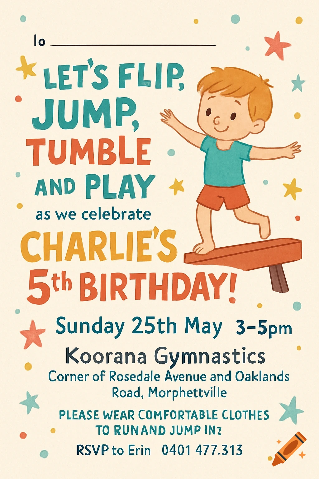 A cartoon birthday invitation for a gymnastics party, featuring a boy on a balance beam and event details.