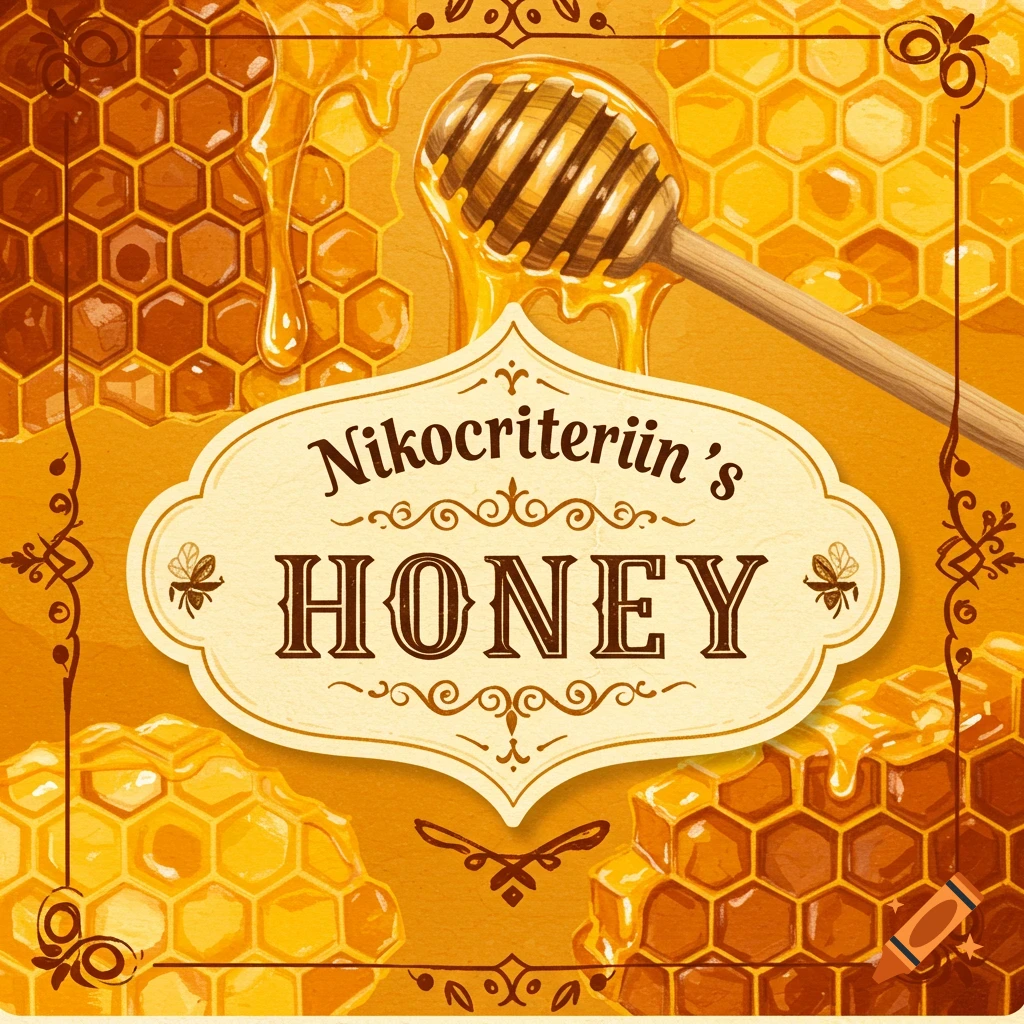 A honey label with dripping honey, honeycombs, and a dipper.
