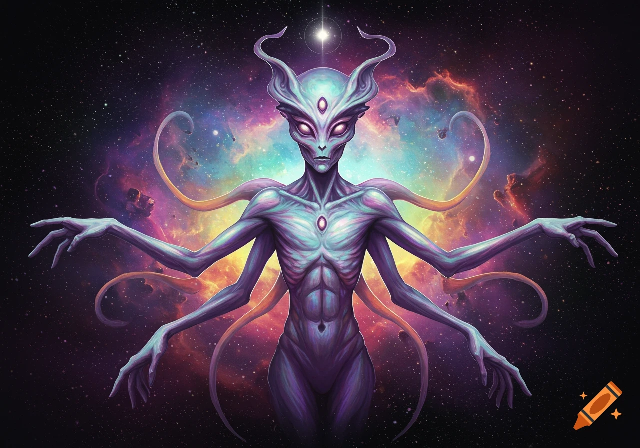 A multi-limbed alien creature in space with a colorful nebula background.