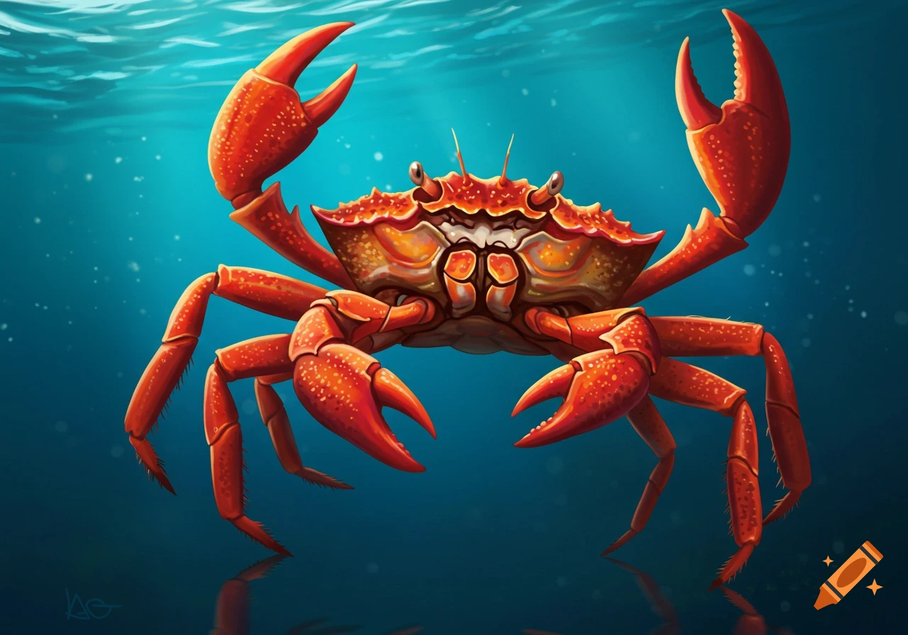 A bright red crab with raised claws underwater