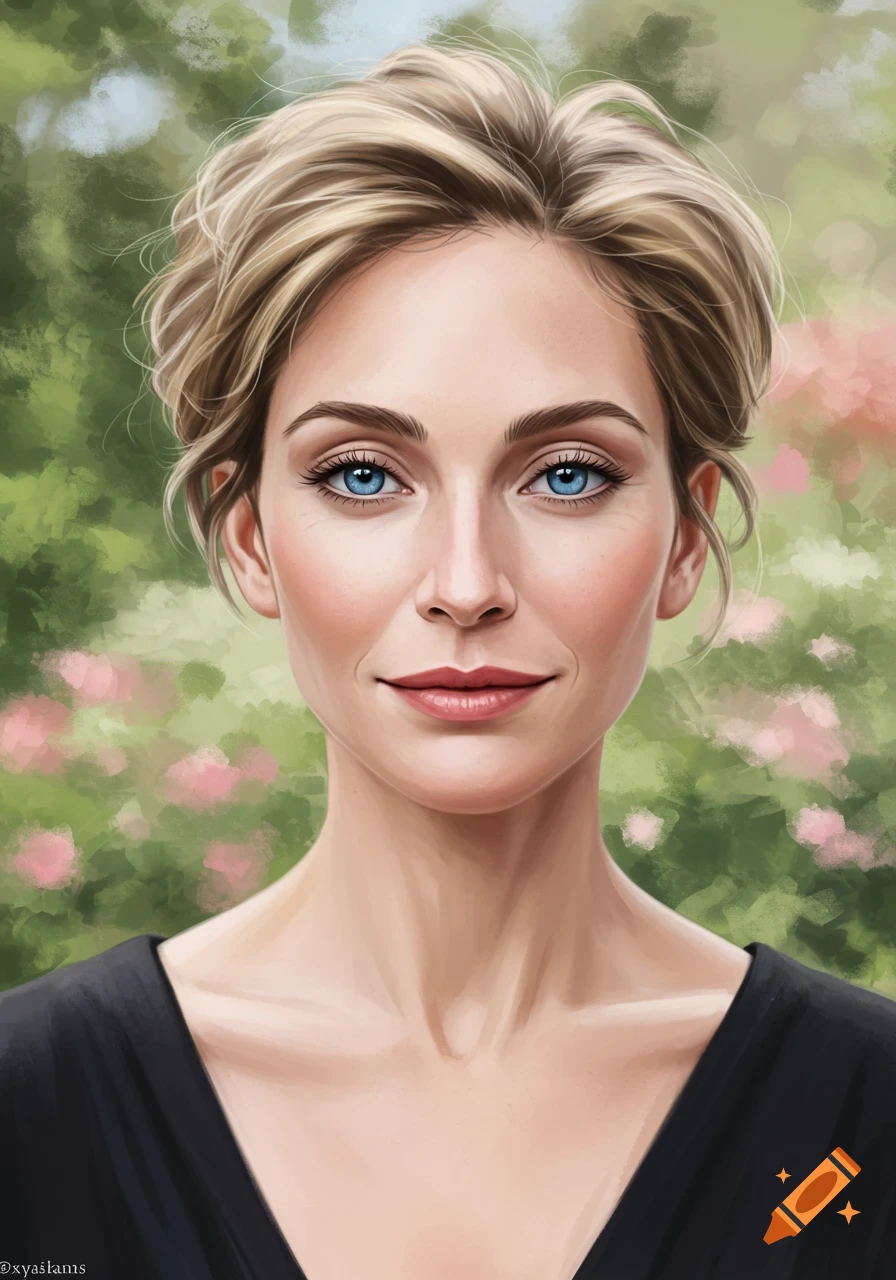 A woman with blonde hair and blue eyes in a garden