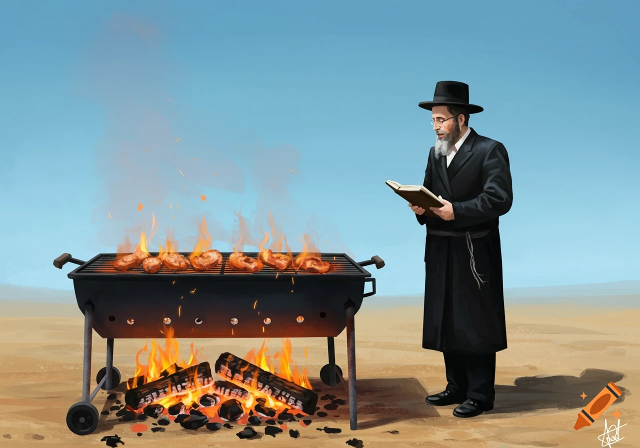 A religious man in traditional attire reads a book next to a grill cooking meat outdoors.
