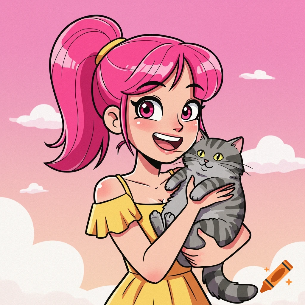 A cartoon woman with pink hair holds a cat.