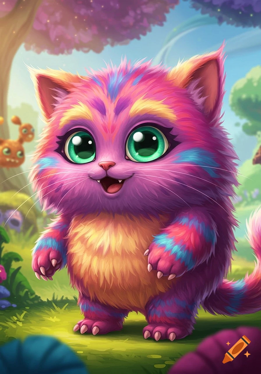 A vibrant, fluffy monster cat with big green eyes stands in a bright fantasy garden.