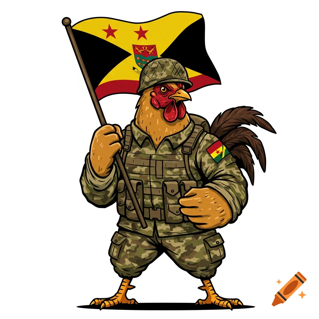 Vector graphic of a cartoon chicken in camouflage uniform holding a flag.
