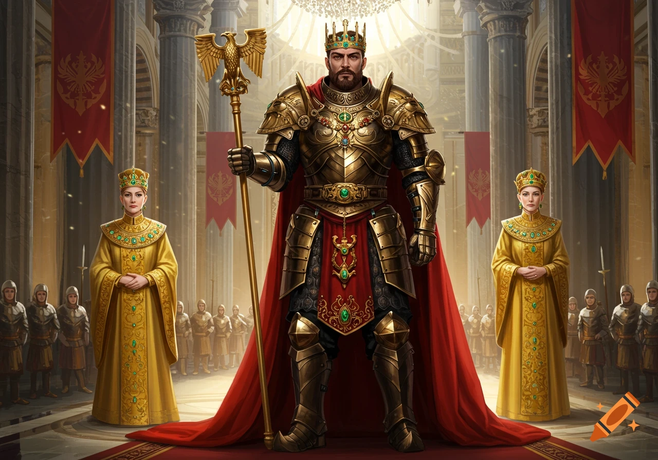 A king in golden armor and a queen in gold robes stand in a grand palace hall during a coronation, with soldiers in the background.