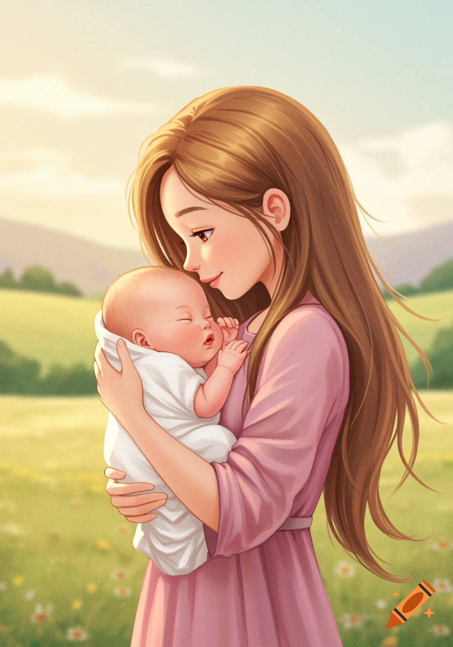 A mother holds her baby in a sunny field.