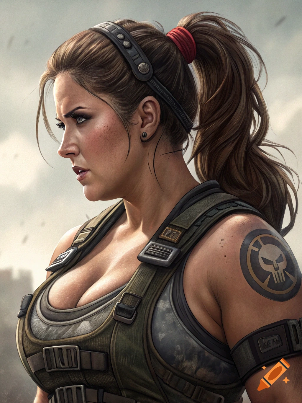 Close-up digital portrait of a woman in military gear with a ponytail and skull badge on her arm.