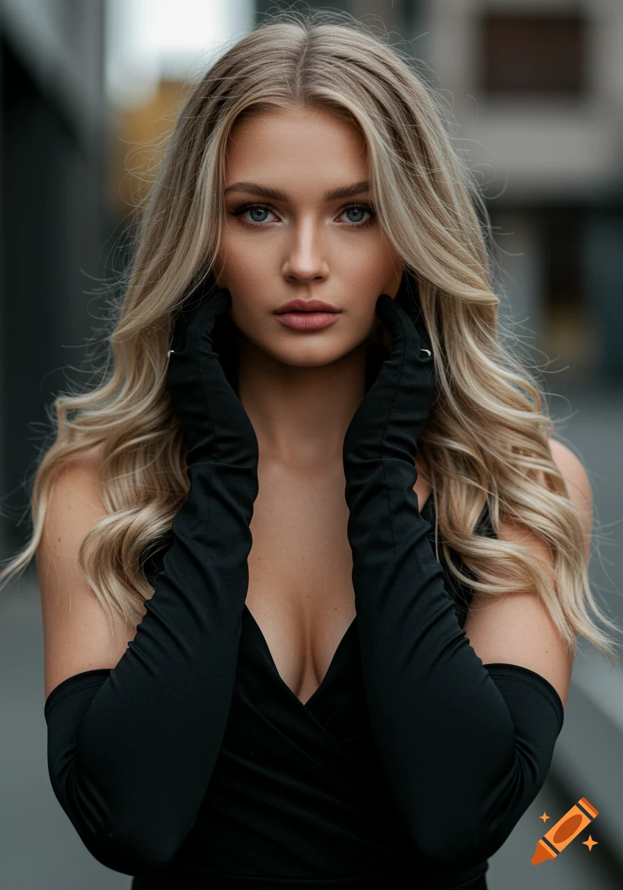 Portrait of a young woman with long blonde hair wearing black elbow gloves.
