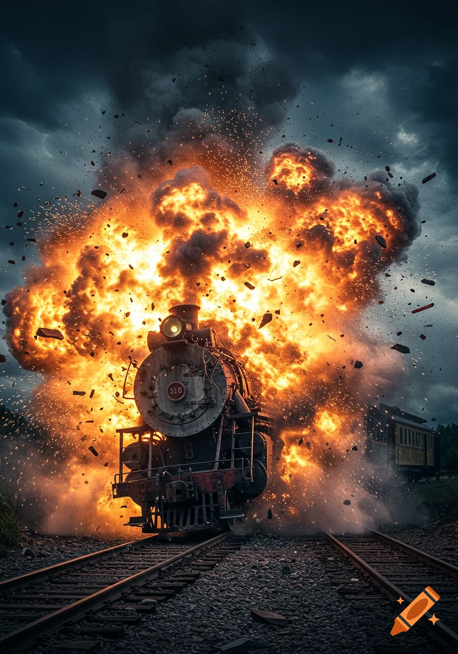 Steam train exploding on railroad tracks under a stormy sky.