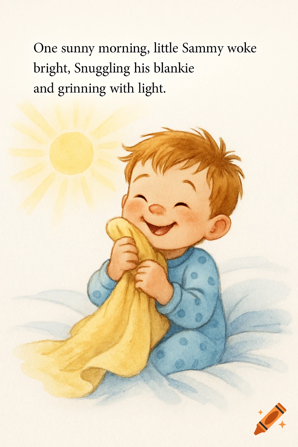 Story book illustration of a happy baby holding a yellow blanket in bed, with text above.