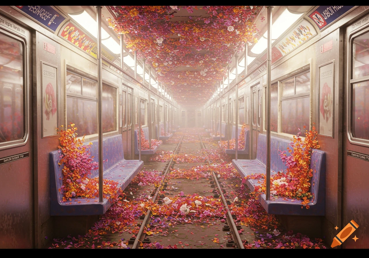A subway car interior overflowing with vibrant flowers and petals