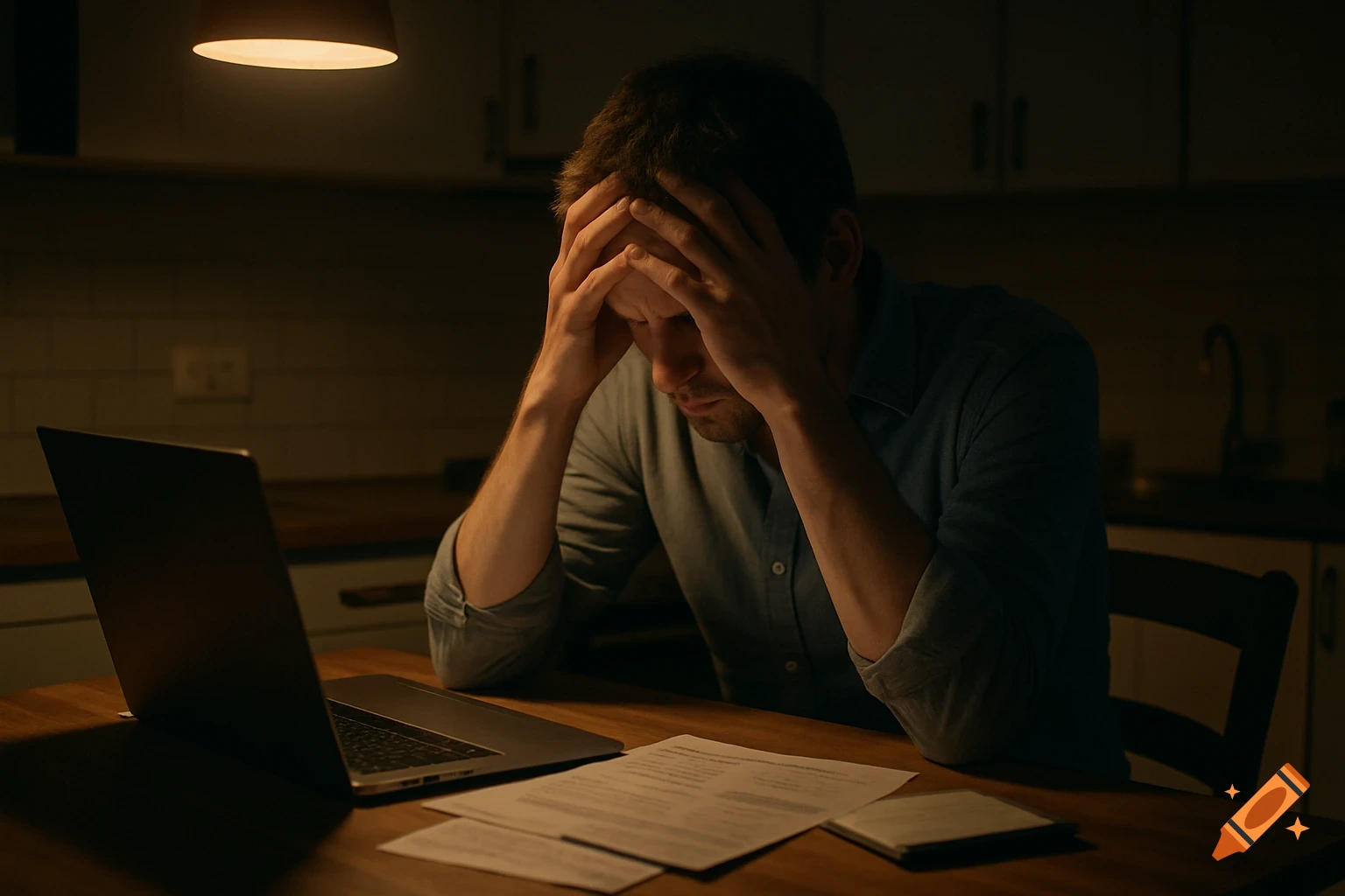 Man sits at desk with laptop and papers, head in hands, looking stressed in dim light, photorealistic.