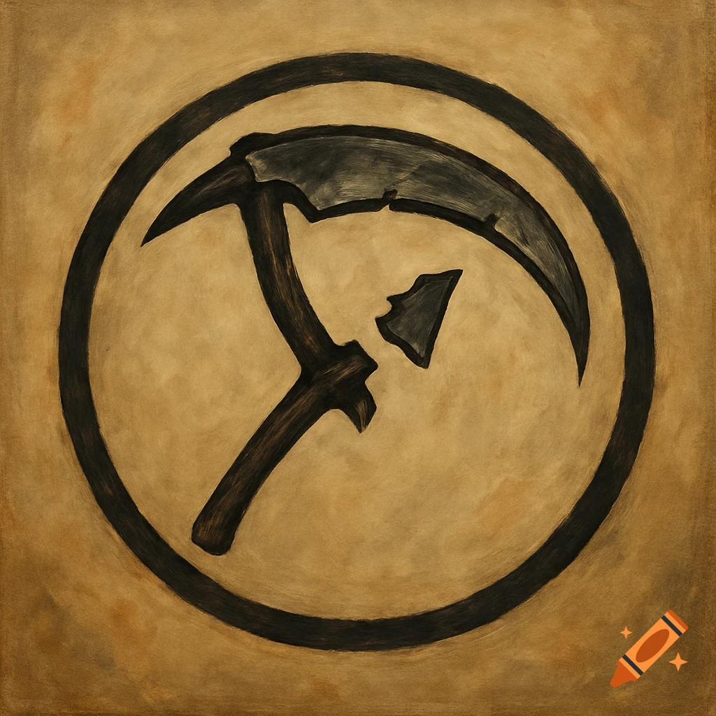 A logo featuring a broken scythe inside a dark circle on a textured brown background.
