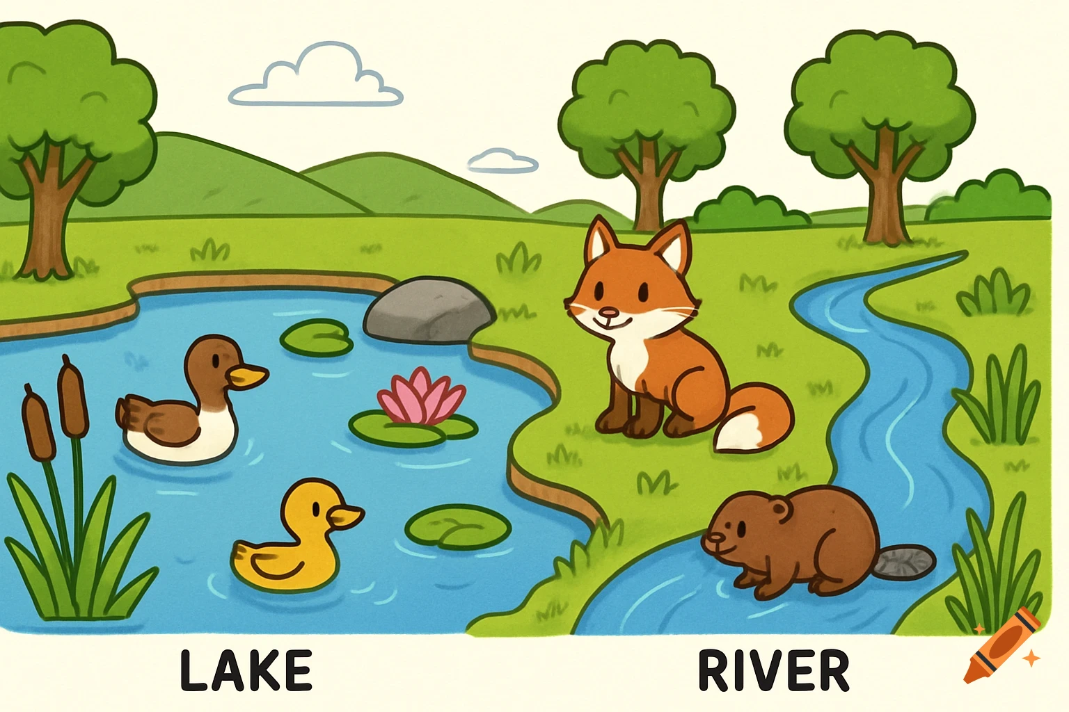 A cartoon illustration of a lake and a river with ducks, a fox, and a beaver. The lake is labeled "LAKE" and the river "RIVER".