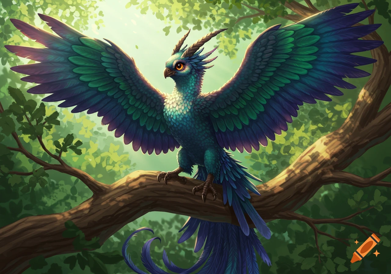 A vibrant blue and green fantasy bird creature with large wings sits on a tree branch in a sunlit forest, digital art.
