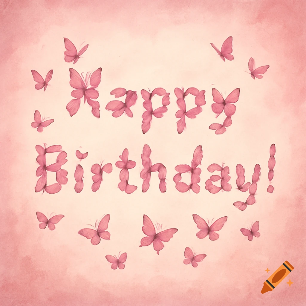 Happy Birthday text made of pink butterflies on a pink background.