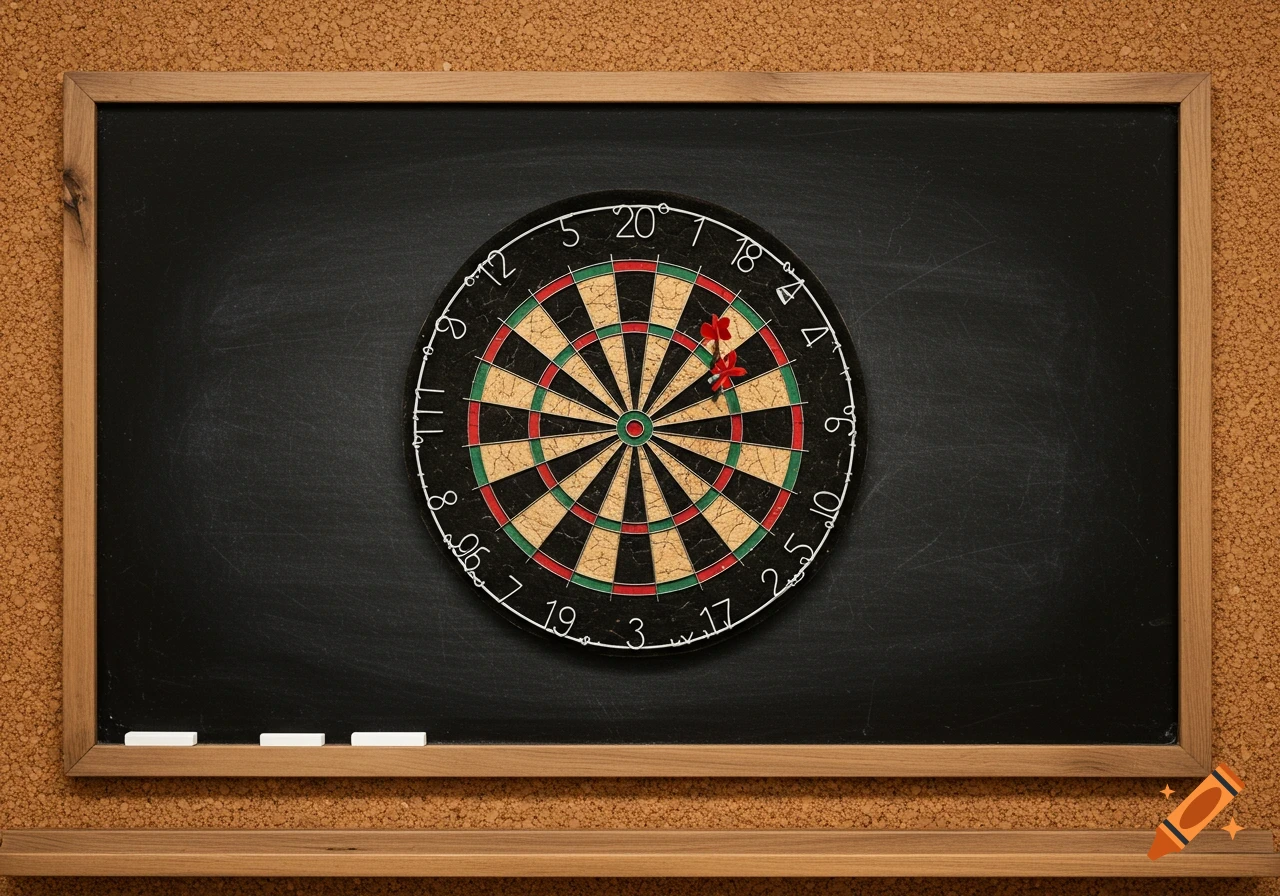 A dartboard with two darts is mounted on a chalkboard and framed by wood and cork.