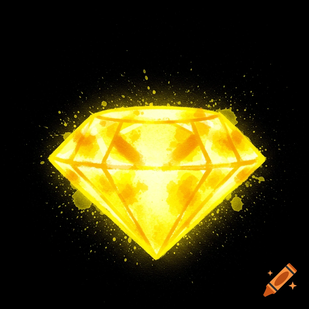 A bright yellow watercolor illustration of a faceted diamond with paint splatters on a black background.
